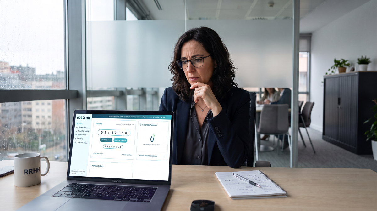 Responsable de RRHH española analizando datos de absentismo laboral en empresa